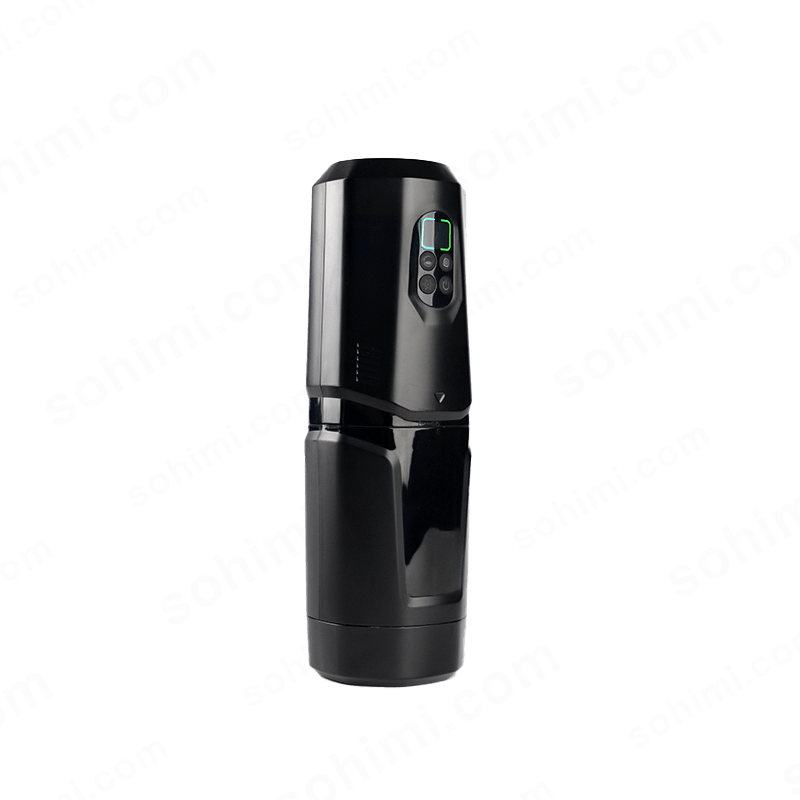 Black Thrusting and Rotating Vibration Male Masturbation Cup on a green background with 'sohimi.com' text.