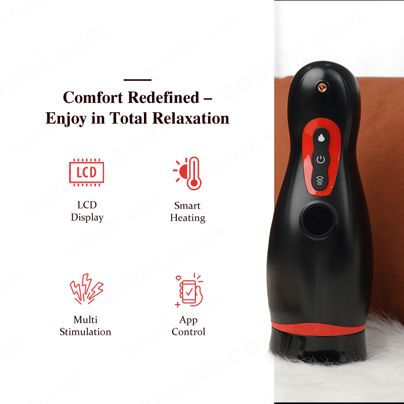Black and red electronic device with control panel on a white background, featuring text about comfort and relaxation.
