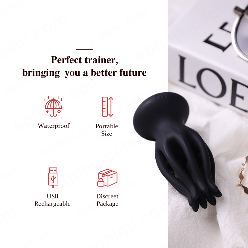 Black penis trainer with text and icons on a green background, featuring 'sohimi.com'.