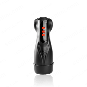 Black Male sex toy with red indicator lights on a transparent background with 'sohimi.com' branding.