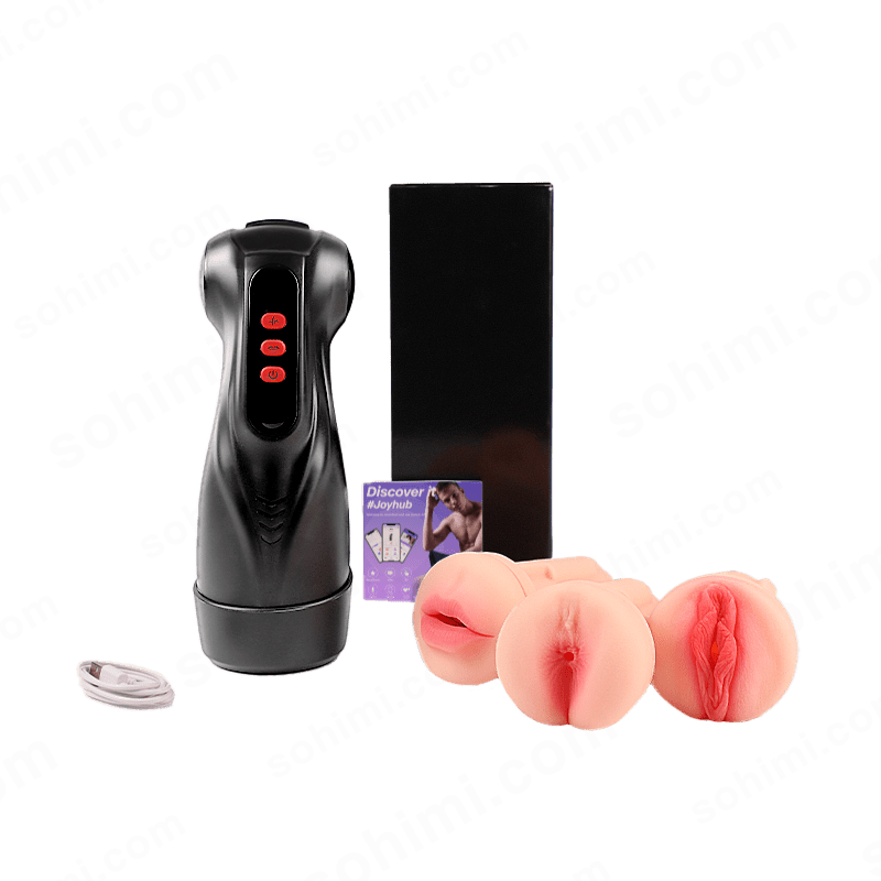 Black electronic device with red buttons, a black rectangular item, and pink silicone toys on a green background with 'sohimi.com' branding.