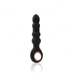 Black anal vibrator with a circular ring on a green background with 'sohimi.com' text.