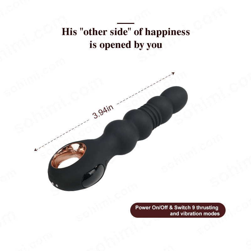 Black and rose gold electronic device with measurement and feature text on a white background