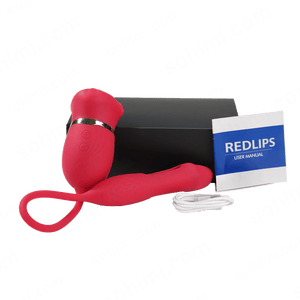 Red lips product with a user manual on a green background with 'sohimi.com' text.