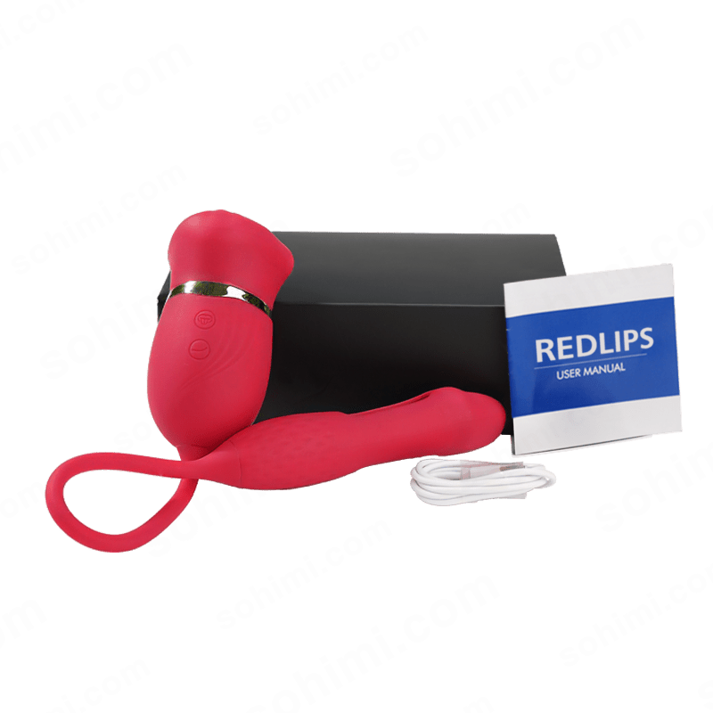 Red lips product with a user manual on a green background with 'sohimi.com' text.