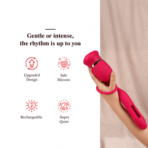 Red female sex toy held by a hand with green background displaying 'sohimi.com' and product features.