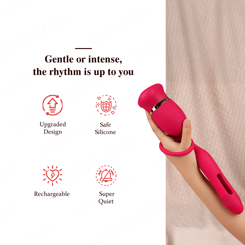 Red female sex toy held by a hand with green background displaying 'sohimi.com' and product features.