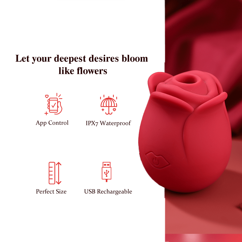 Red rose-shaped device with features listed on a white background