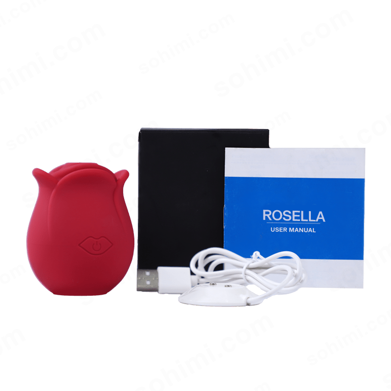 Red silicone product, black rectangular device, white cable, and blue 'Rosella' user manual on a green background with 'sohimi.com' text.