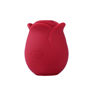 Red silicone rose-shaped product with a power symbol on a green background with 'sohimi.com' text.