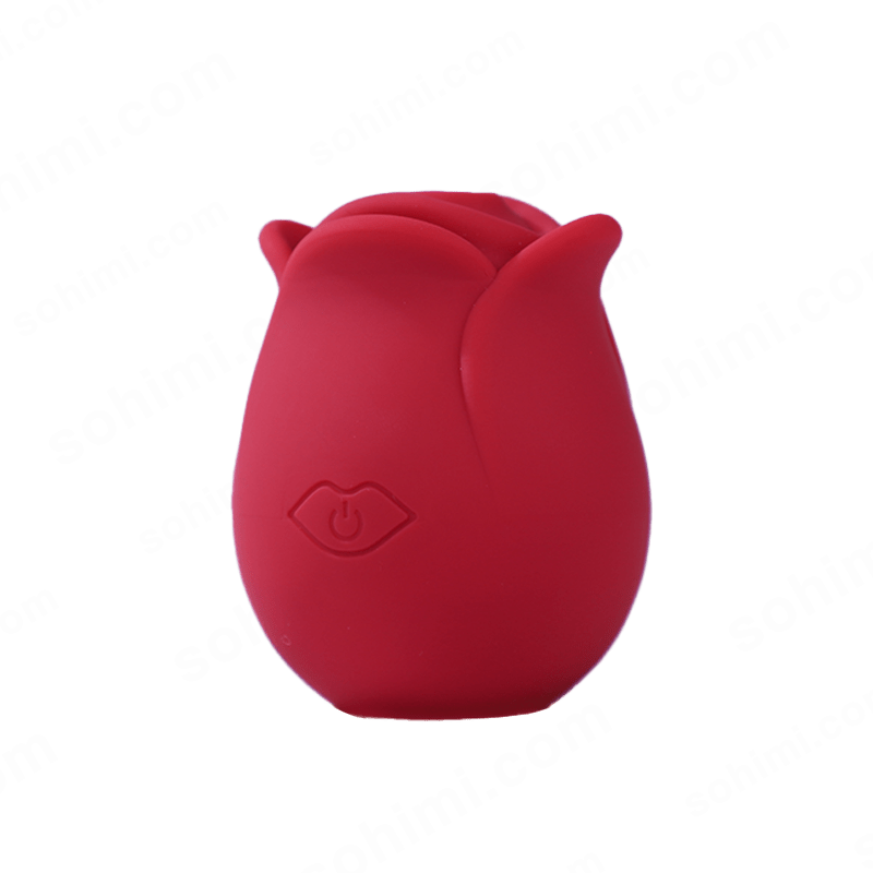 Red silicone rose-shaped product with a power symbol on a green background with 'sohimi.com' text.