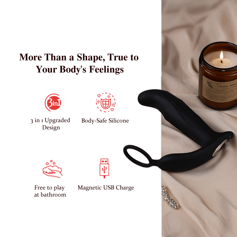 Black silicone anal vibrator with green text overlay on a white background