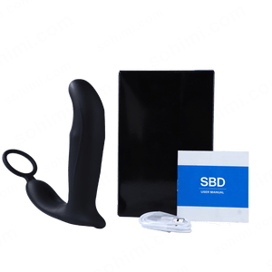 Black silicone product with packaging and user manual on a branded background