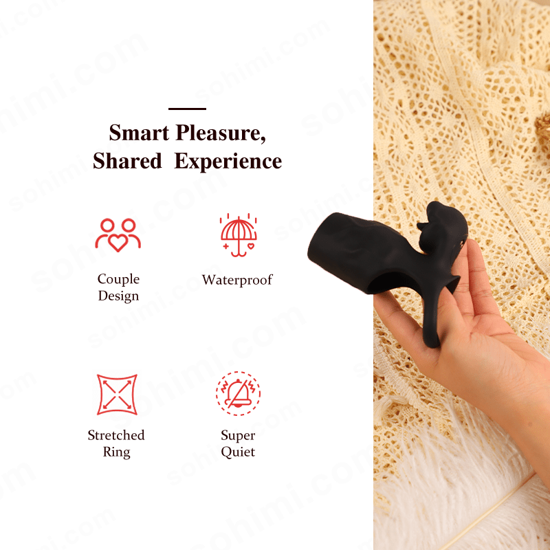 Black Cock Ring  held by a hand with product features listed on the left.