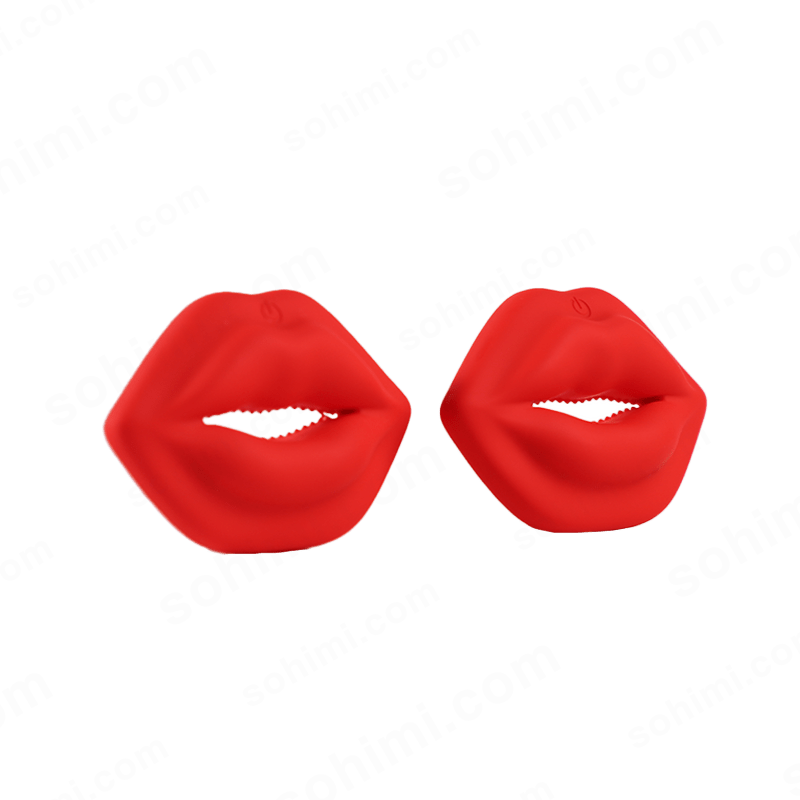 Red lips-shaped earrings on a green background with 'sohimi.com' branding.