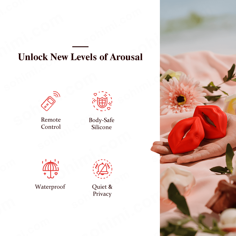 Product advertisement with red silicone toys on a floral background, featuring 'sohimi.com' branding.