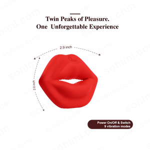 Red lips-shaped product with branding and text on a green background