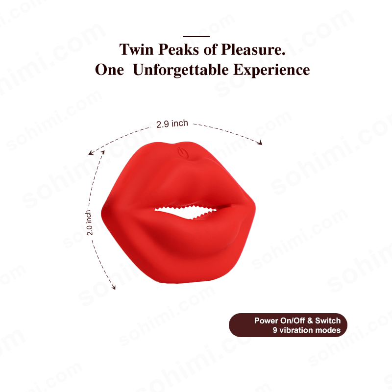 Red lips-shaped product with branding and text on a green background