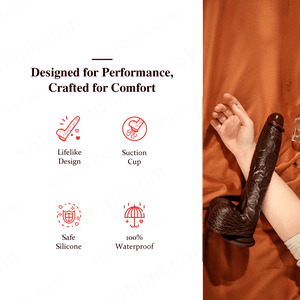 a brown huge dildo on a hand with some features