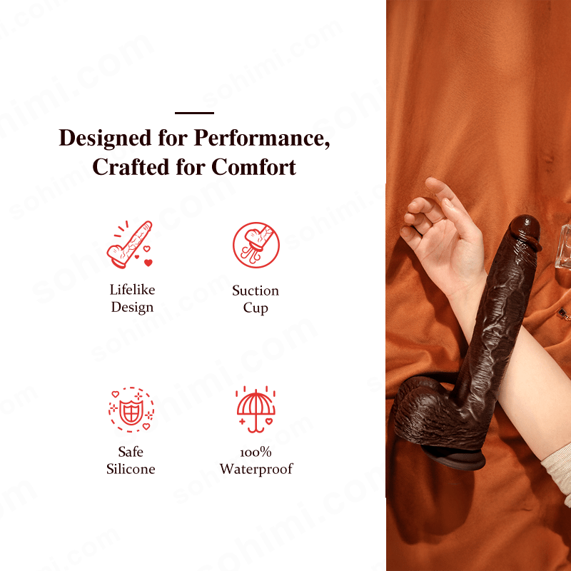 a brown huge dildo on a hand with some features