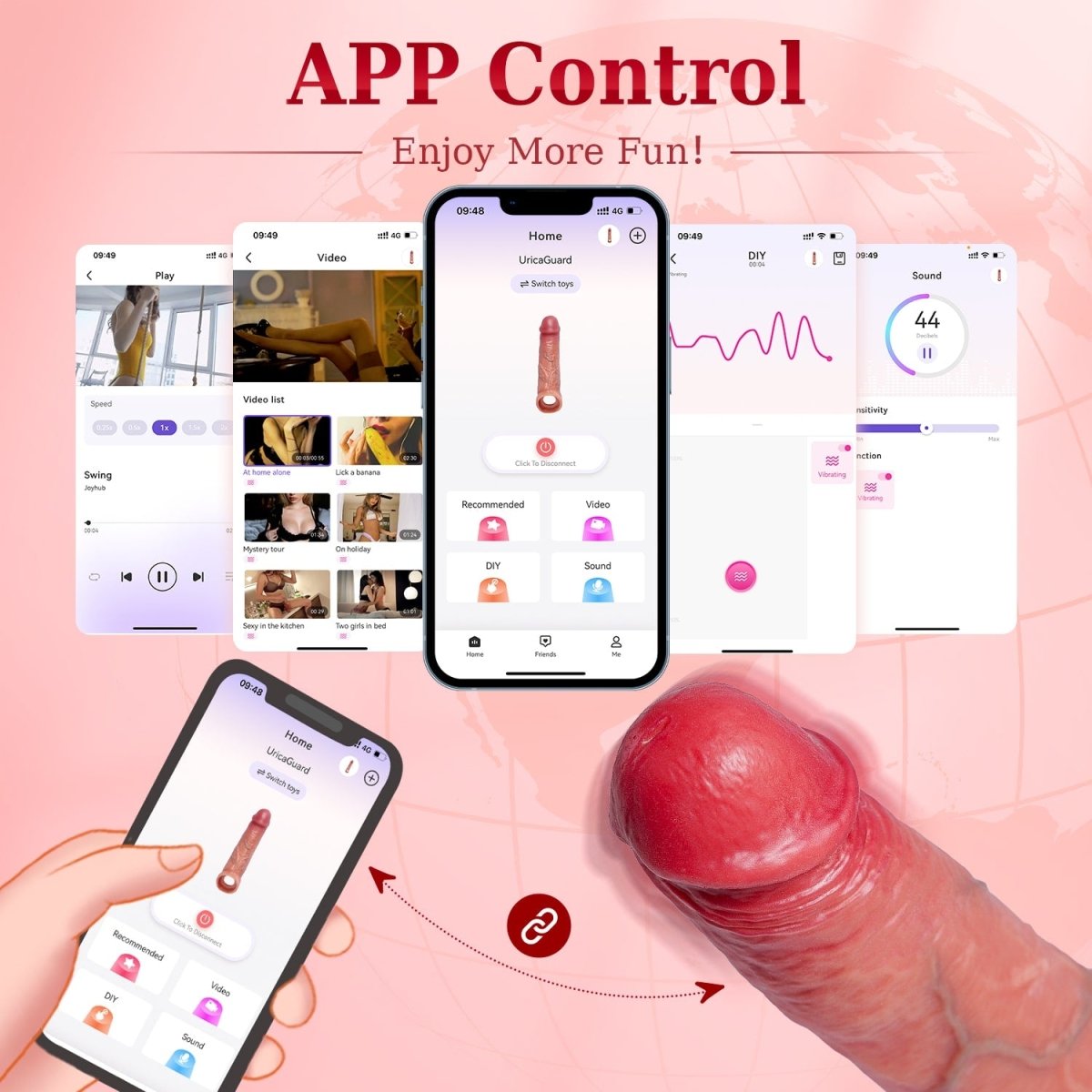A mobile phone screen with a dildo and text app control