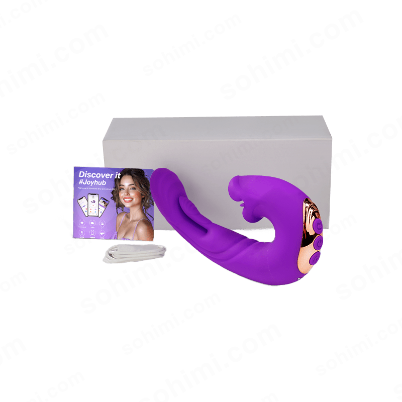 Purple female toy product with a box and packaging on a green background with 'sohimi.com' branding.