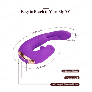 Purple female sex toy product with text on a green background