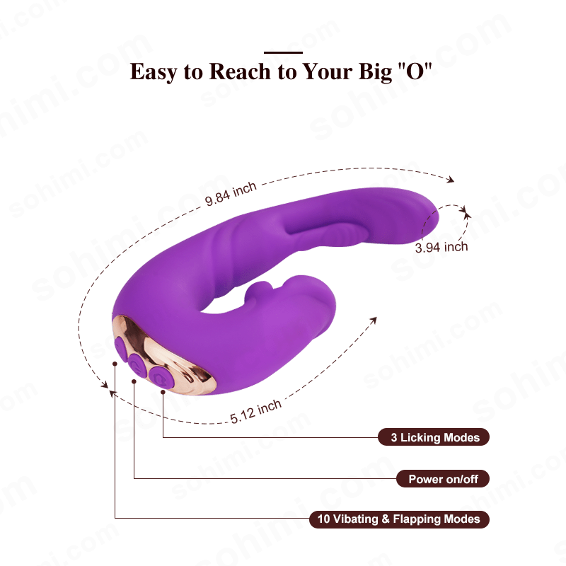 Purple female sex toy product with text on a green background