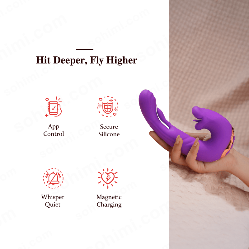 Purple silicone product held by a hand with promotional text and branding on a green background.