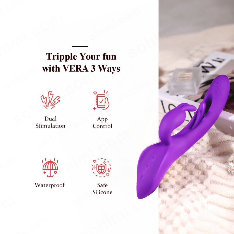 Purple silicone toy with promotional text on a textured surface