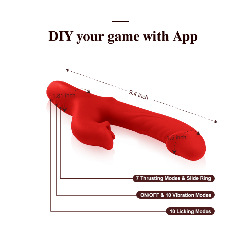 Red product with measurements and feature text on a green background