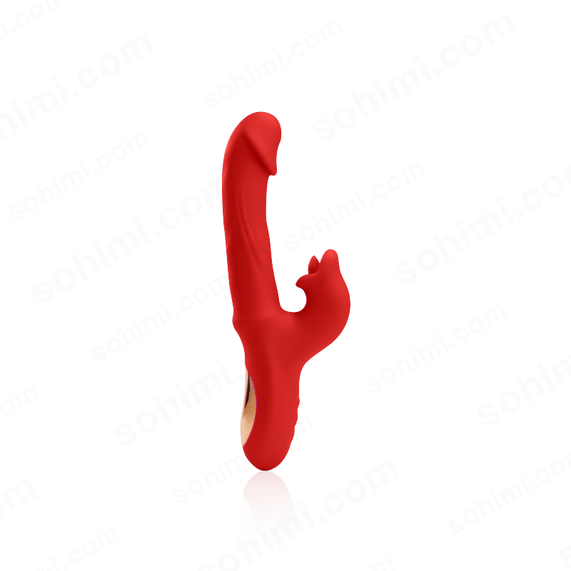 Red silicone female vibrator on a green background with 'sohimi.com' text.