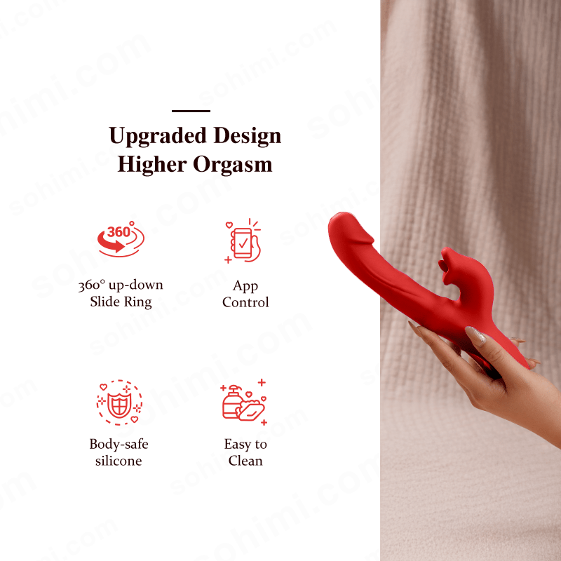 Red sex toy held by a hand with promotional text on a green background