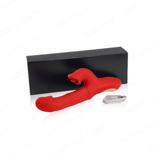 Red dildo g-spot sex toy on a black box with 'sohimi.com' branding in the background.