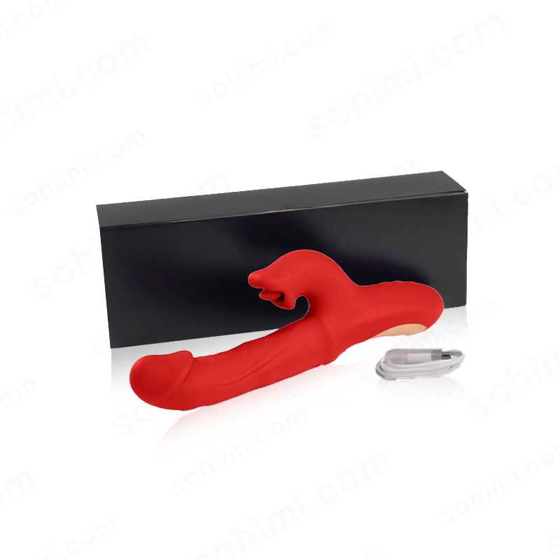 Red dildo g-spot sex toy on a black box with 'sohimi.com' branding in the background.