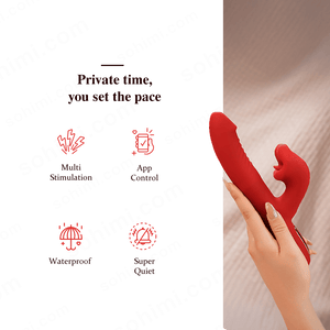 Red silicone product held by a hand with promotional text on a green background