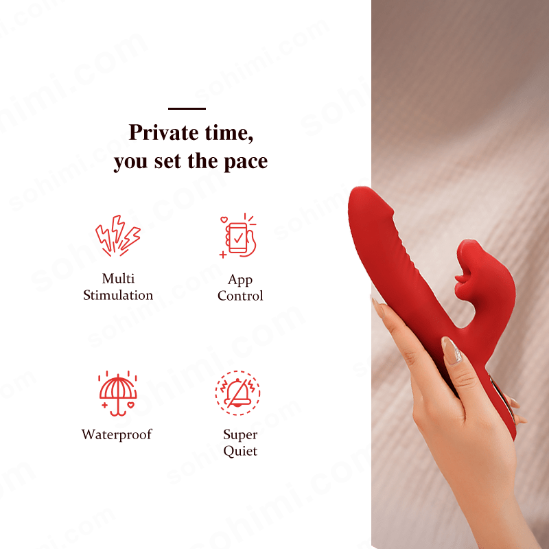 Red silicone product held by a hand with promotional text on a green background
