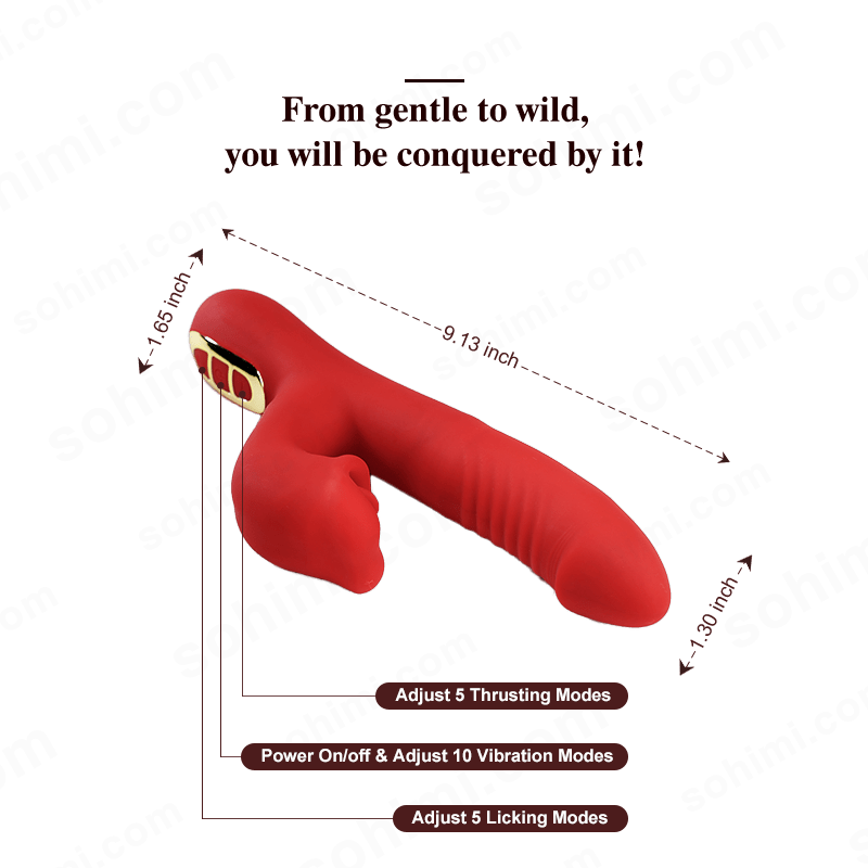 Red toy with measurement details and text on a white background