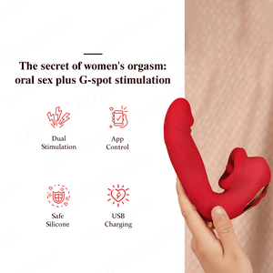 Red silicone G-spot stimulator held by a hand with promotional text on a green background.