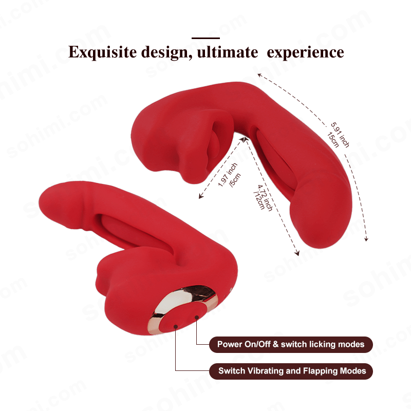 Red sex toy with rabbit ears on a green background with 'sohimi.com' branding.