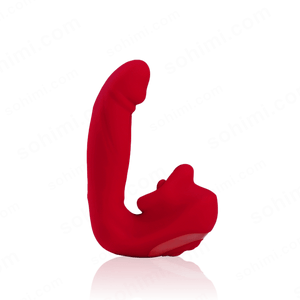 Red sex toy with a curved body on a transparent background with 'sohimi.com' branding.