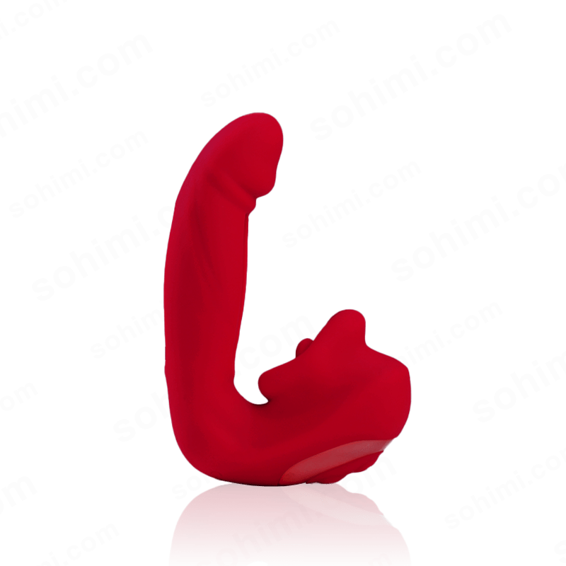 Red sex toy with a curved body on a transparent background with 'sohimi.com' branding.